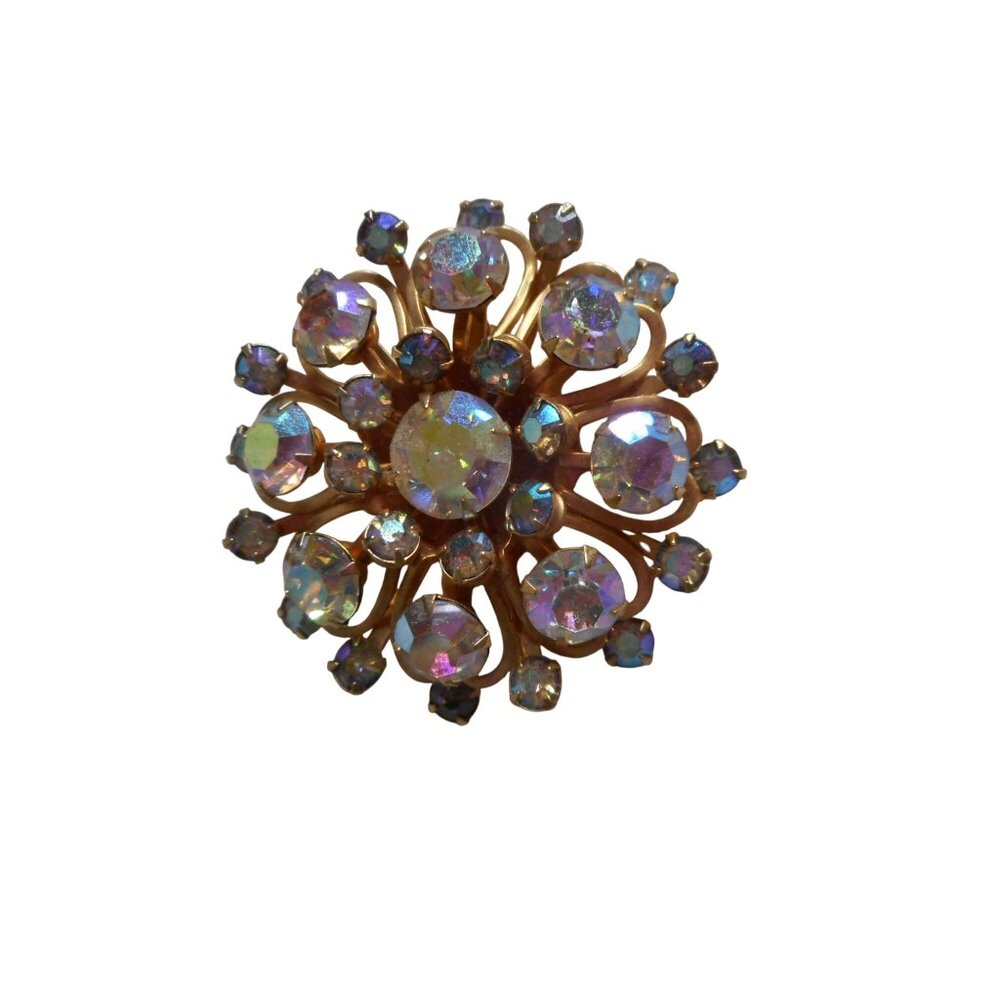 Vintage Costume  Aurora Borealis  "Rhinestone" Gold Brooch Pin Jewelry